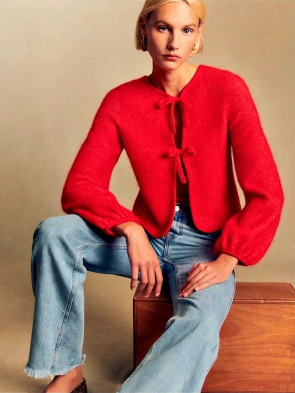 La Maille Sezane Tie-Front Marie Wool Mohair Sweater in Red Size Small NWT